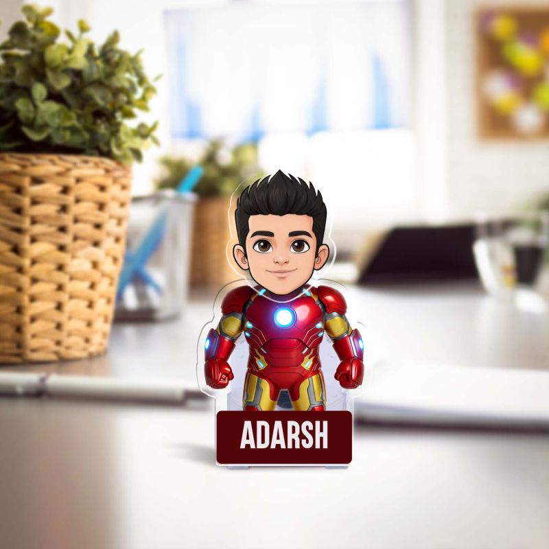 Personalized Bobble Head Ironman458 Superhero Cartoon Standee with Shaking Head, Custom with Name Idol for Car Dashboard & Home Decor Gift for Superhero Fans Return Gift Solar Powered